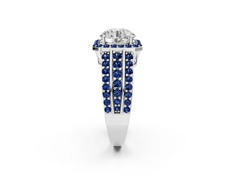 White gold Round Cut Halo Diamond Ring with Round with Blue Sapphire side stone Split Shank and Prong Setting_38