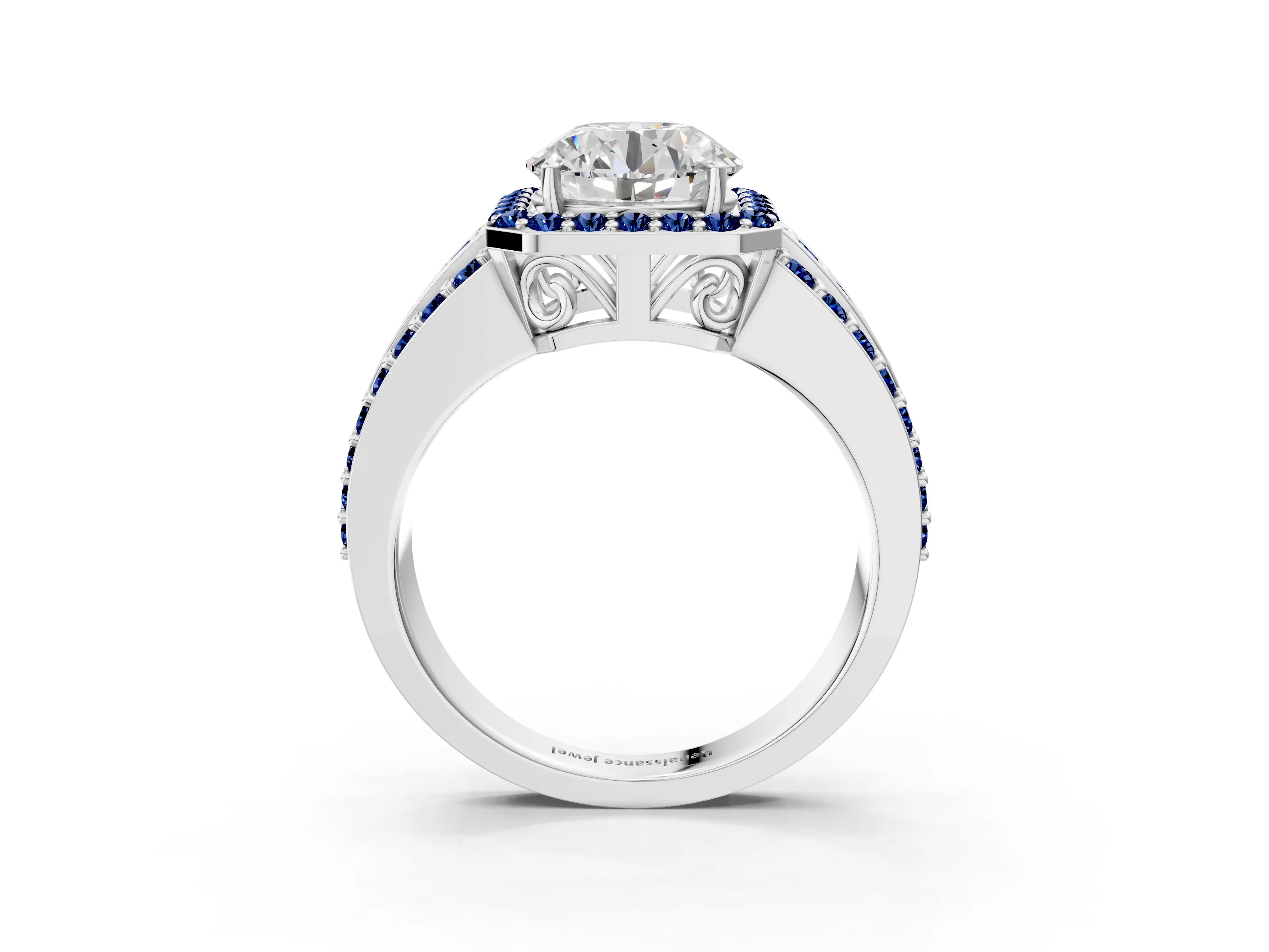 White gold Round Cut Halo Diamond Ring with Round with Blue Sapphire side stone Split Shank and Prong Setting_39