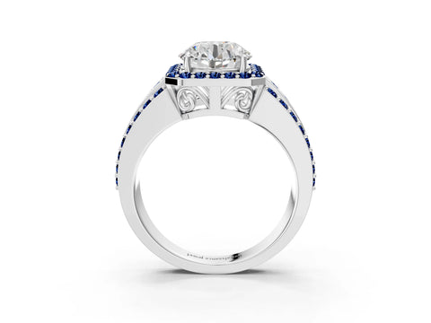 White gold Round Cut Halo Diamond Ring with Round with Blue Sapphire side stone Split Shank and Prong Setting_39