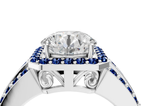 White gold Round Cut Halo Diamond Ring with Round with Blue Sapphire side stone Split Shank and Prong Setting_40