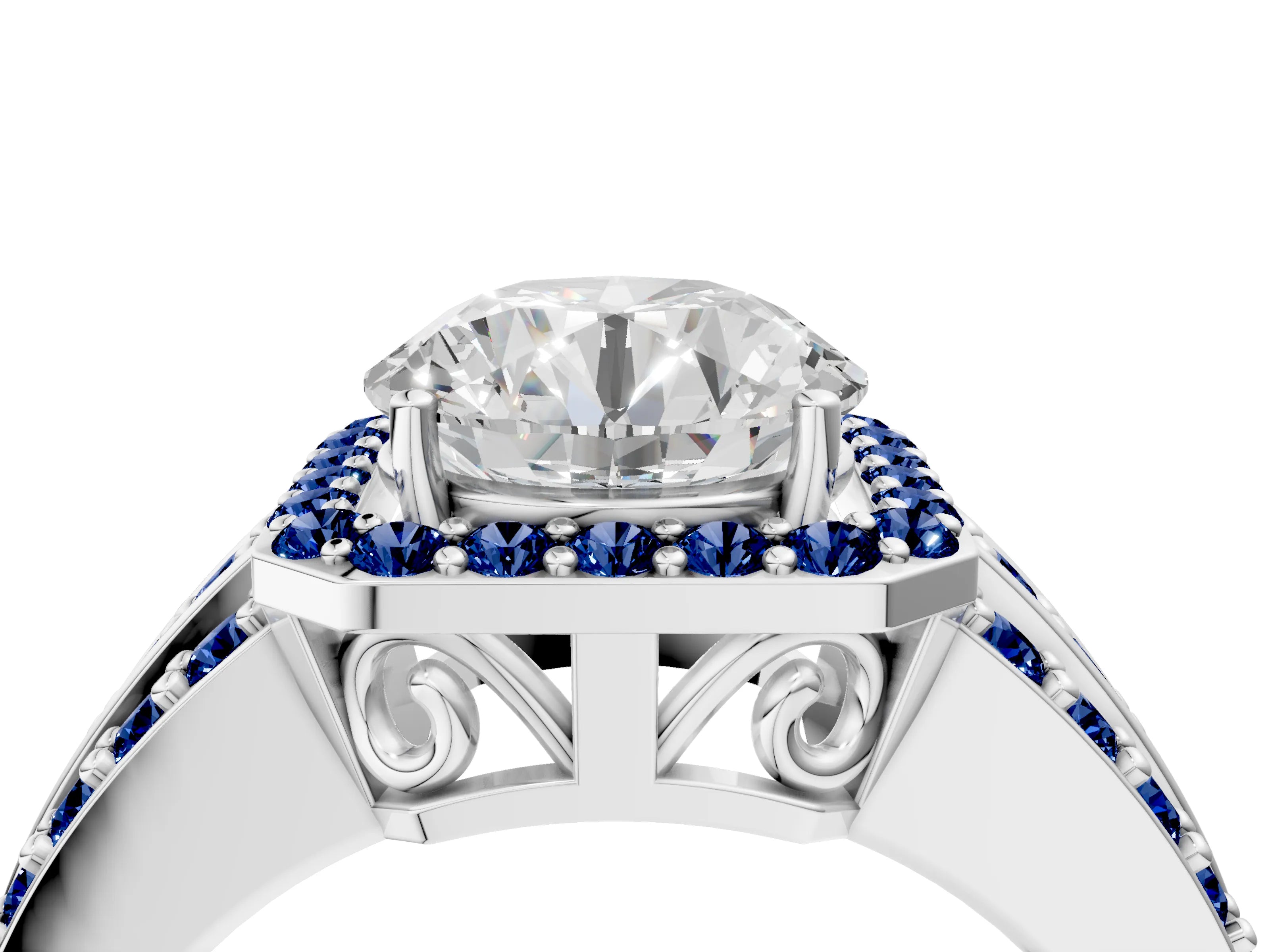 White gold Round Cut Halo Diamond Ring with Round with Blue Sapphire side stone Split Shank and Prong Setting_40