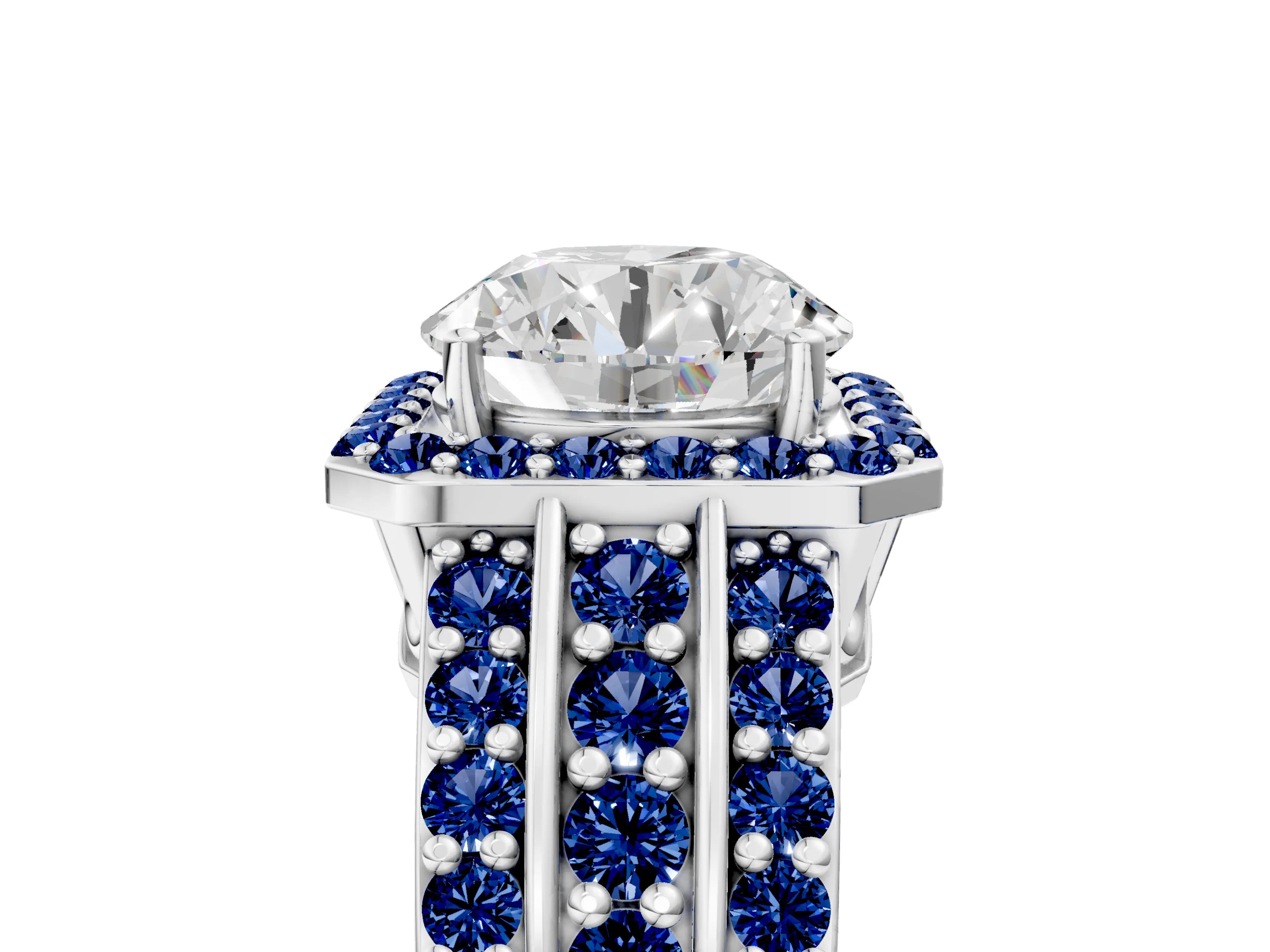White gold Round Cut Halo Diamond Ring with Round with Blue Sapphire side stone Split Shank and Prong Setting_41