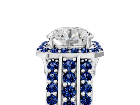 White gold Round Cut Halo Diamond Ring with Round with Blue Sapphire side stone Split Shank and Prong Setting_41