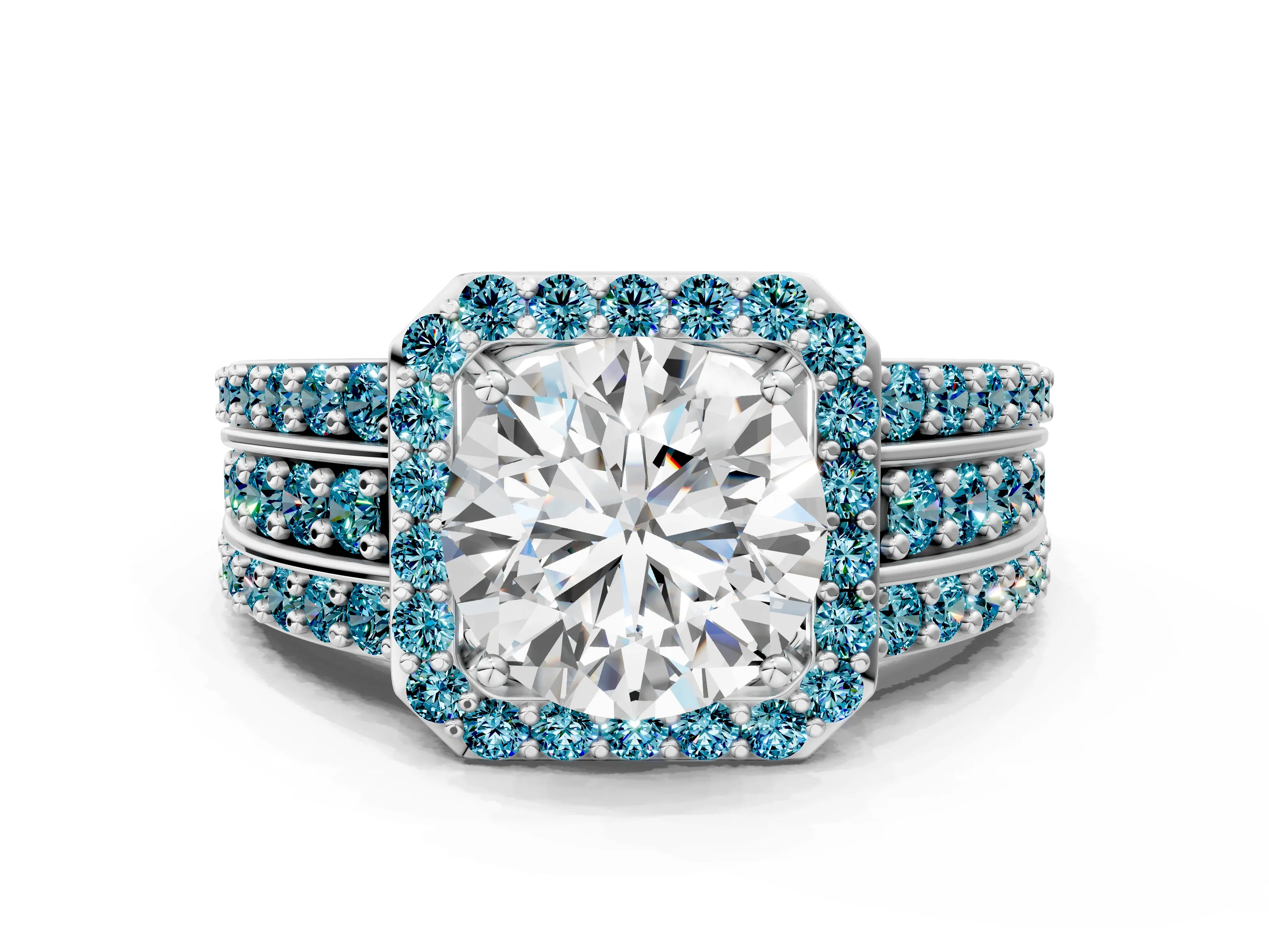 White gold Round Cut Halo Diamond Ring with Round with Blue Topaz side stone Split Shank and Prong Setting_108