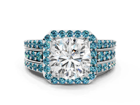 White gold Round Cut Halo Diamond Ring with Round with Blue Topaz side stone Split Shank and Prong Setting_108