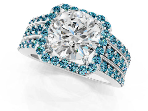 White gold Round Cut Halo Diamond Ring with Round with Blue Topaz side stone Split Shank and Prong Setting_109