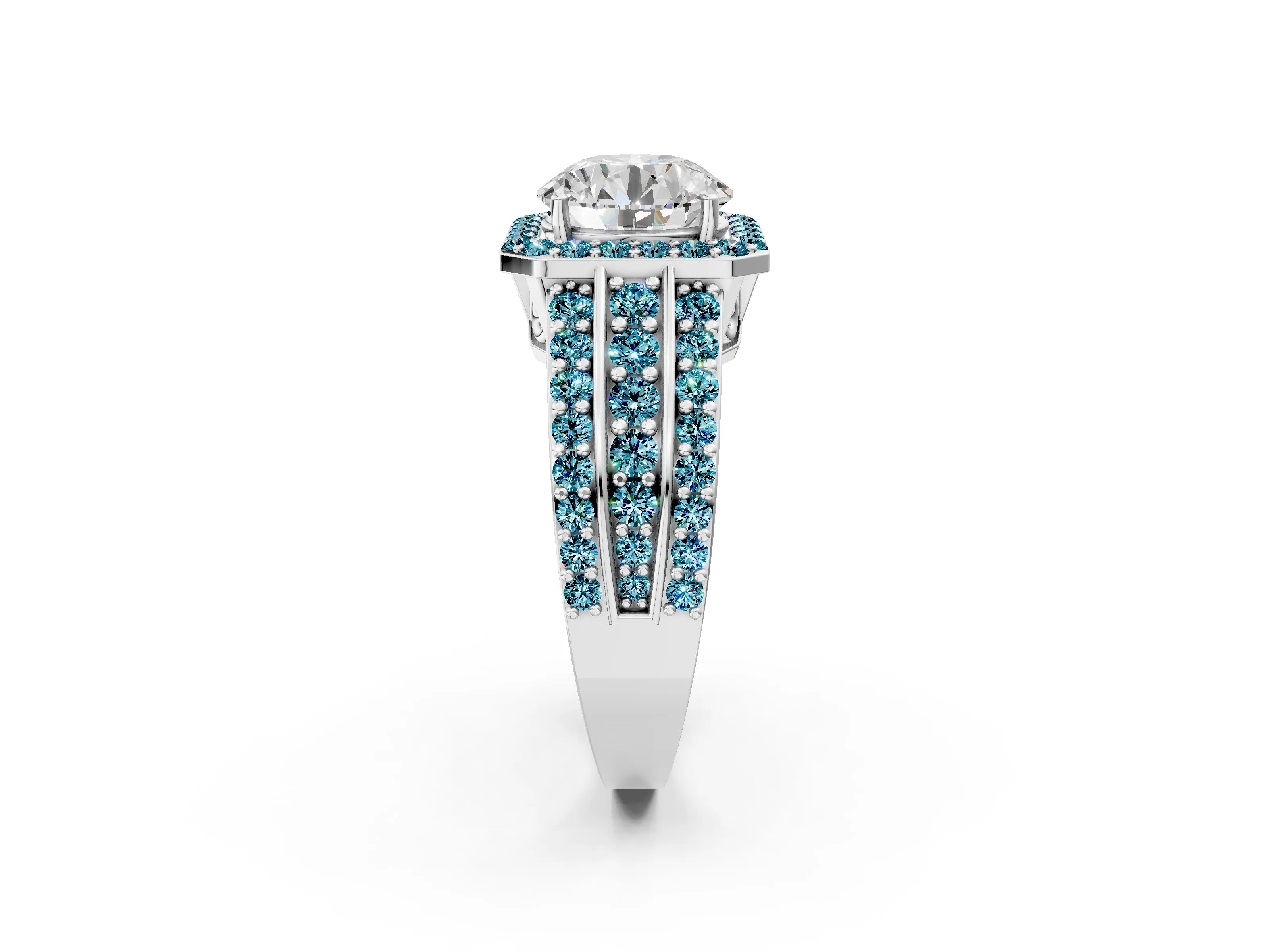 White gold Round Cut Halo Diamond Ring with Round with Blue Topaz side stone Split Shank and Prong Setting_110
