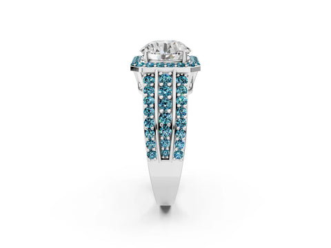 White gold Round Cut Halo Diamond Ring with Round with Blue Topaz side stone Split Shank and Prong Setting_110