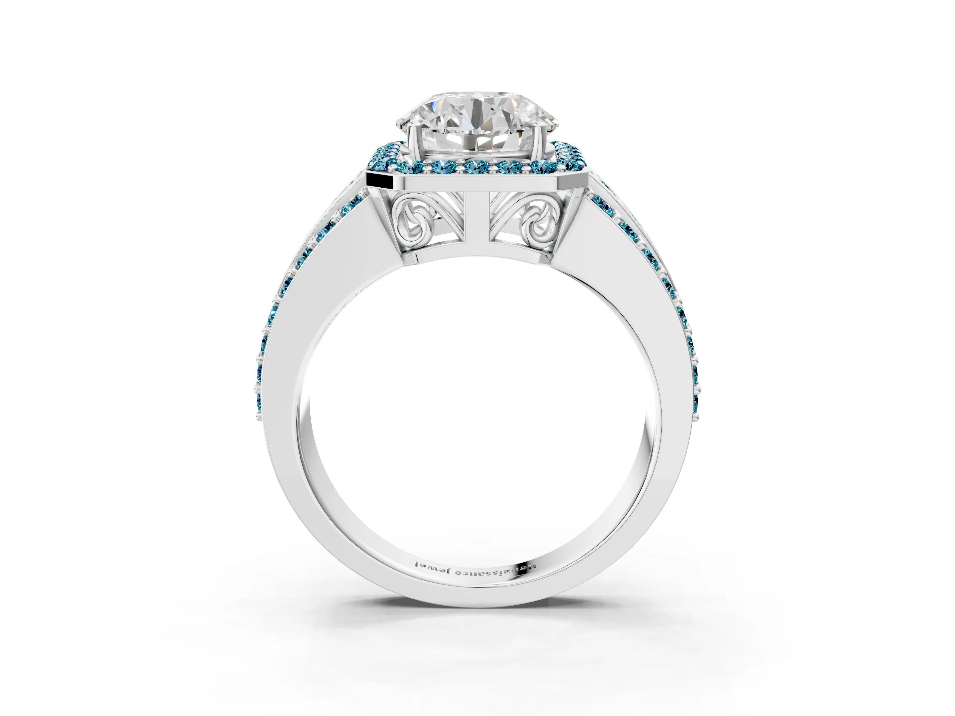 White gold Round Cut Halo Diamond Ring with Round with Blue Topaz side stone Split Shank and Prong Setting_111