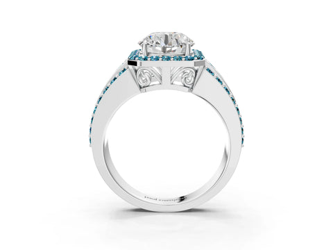 White gold Round Cut Halo Diamond Ring with Round with Blue Topaz side stone Split Shank and Prong Setting_111