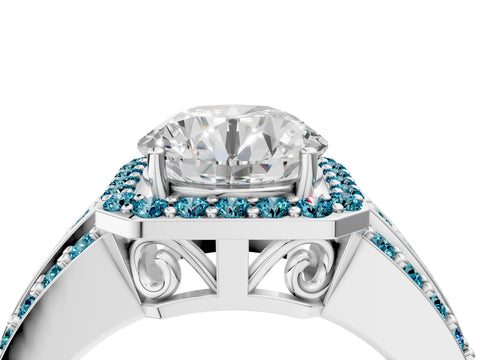 White gold Round Cut Halo Diamond Ring with Round with Blue Topaz side stone Split Shank and Prong Setting_112