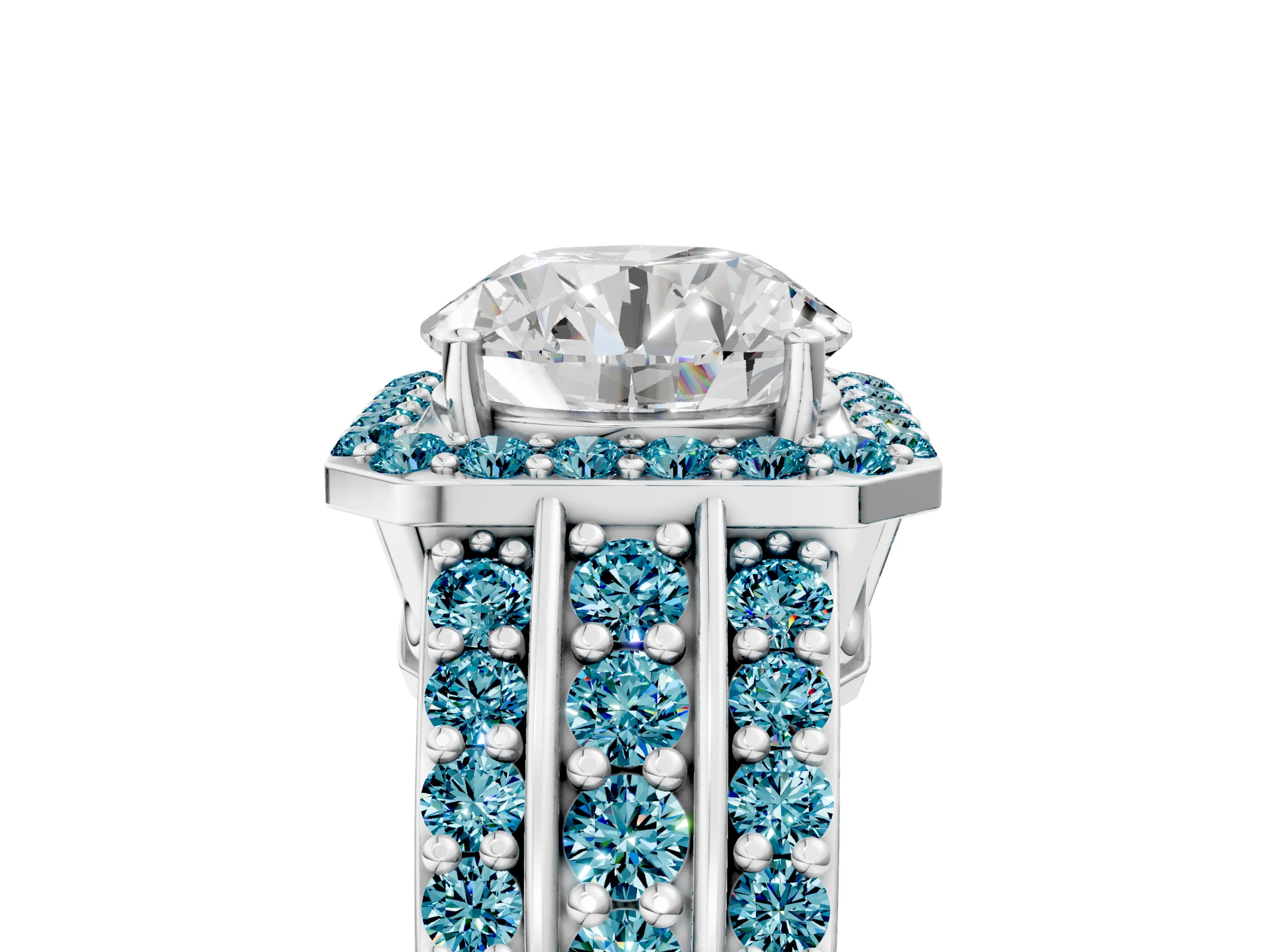 White gold Round Cut Halo Diamond Ring with Round with Blue Topaz side stone Split Shank and Prong Setting_113