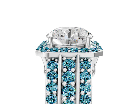 White gold Round Cut Halo Diamond Ring with Round with Blue Topaz side stone Split Shank and Prong Setting_113