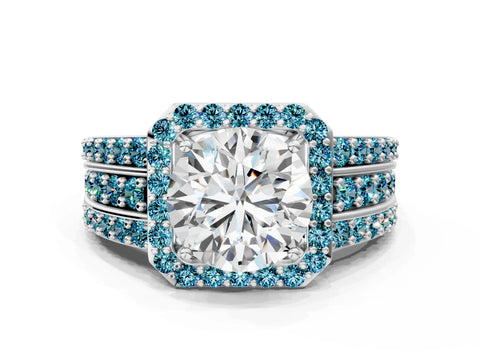 White gold Round Cut Halo Diamond Ring with Round with Blue Topaz side stone Split Shank and Prong Setting_24