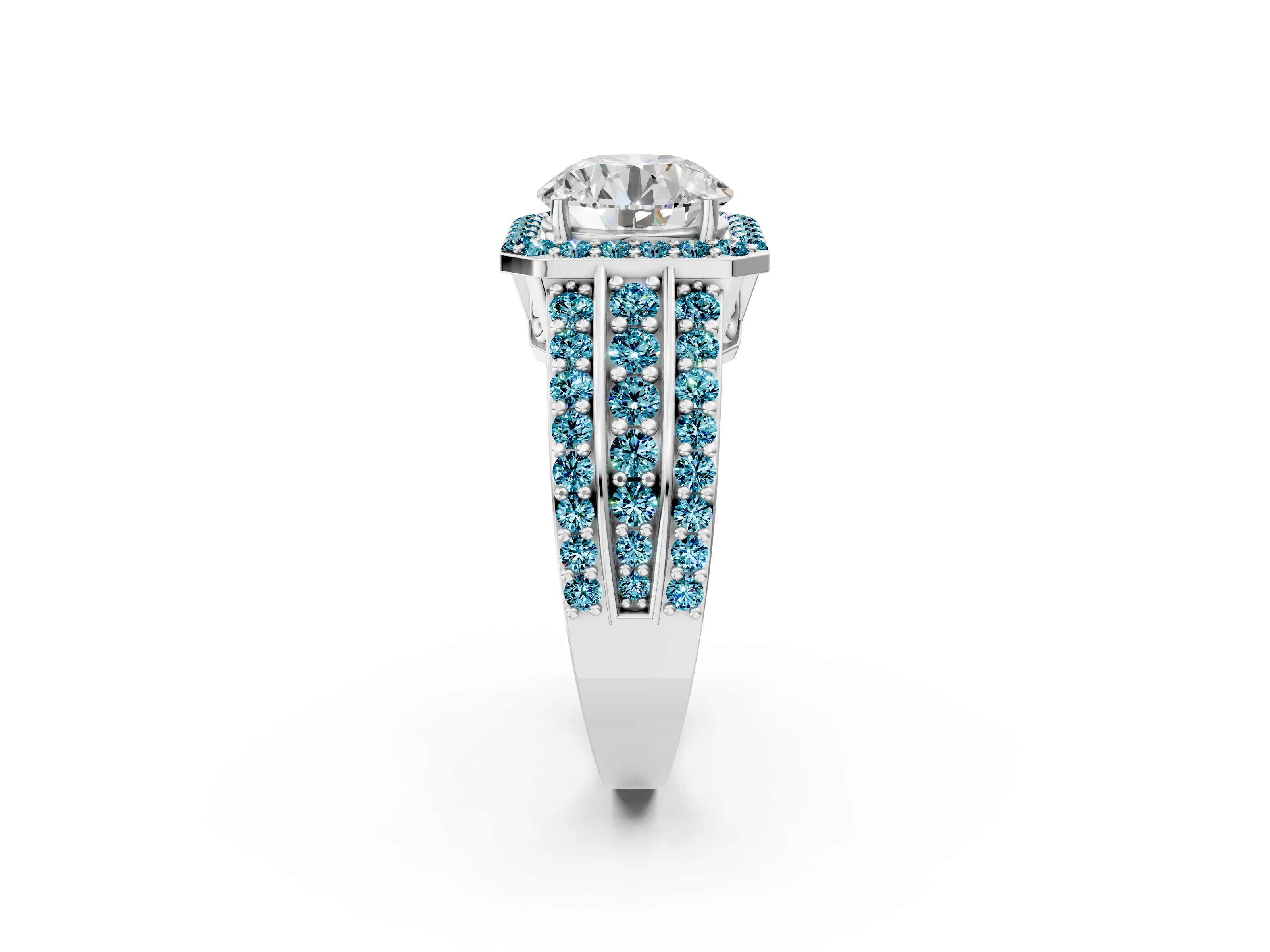 White gold Round Cut Halo Diamond Ring with Round with Blue Topaz side stone Split Shank and Prong Setting_26