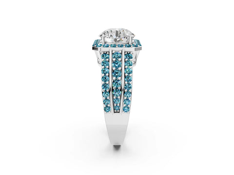 White gold Round Cut Halo Diamond Ring with Round with Blue Topaz side stone Split Shank and Prong Setting_26