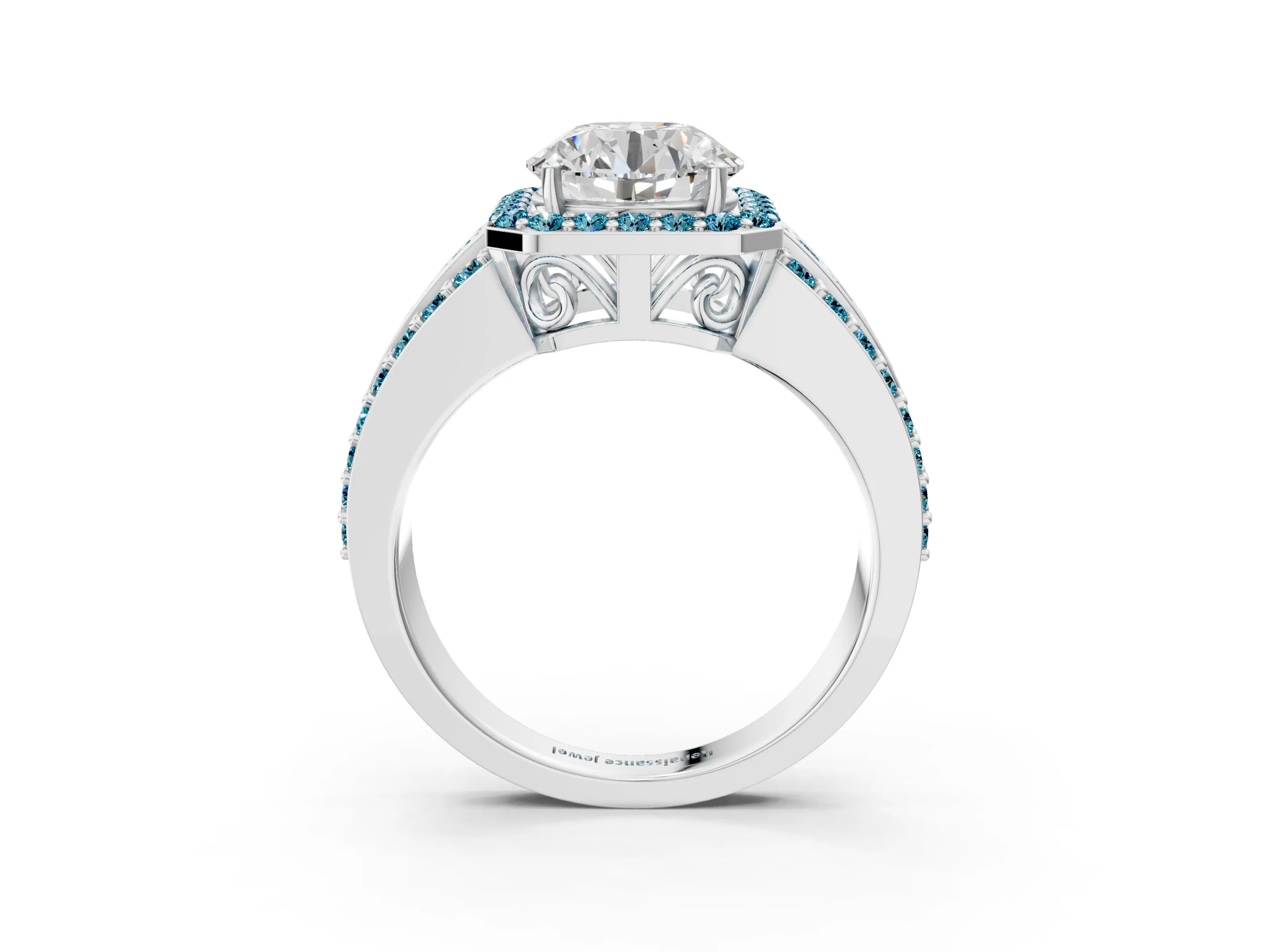 White gold Round Cut Halo Diamond Ring with Round with Blue Topaz side stone Split Shank and Prong Setting_27