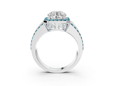 White gold Round Cut Halo Diamond Ring with Round with Blue Topaz side stone Split Shank and Prong Setting_27