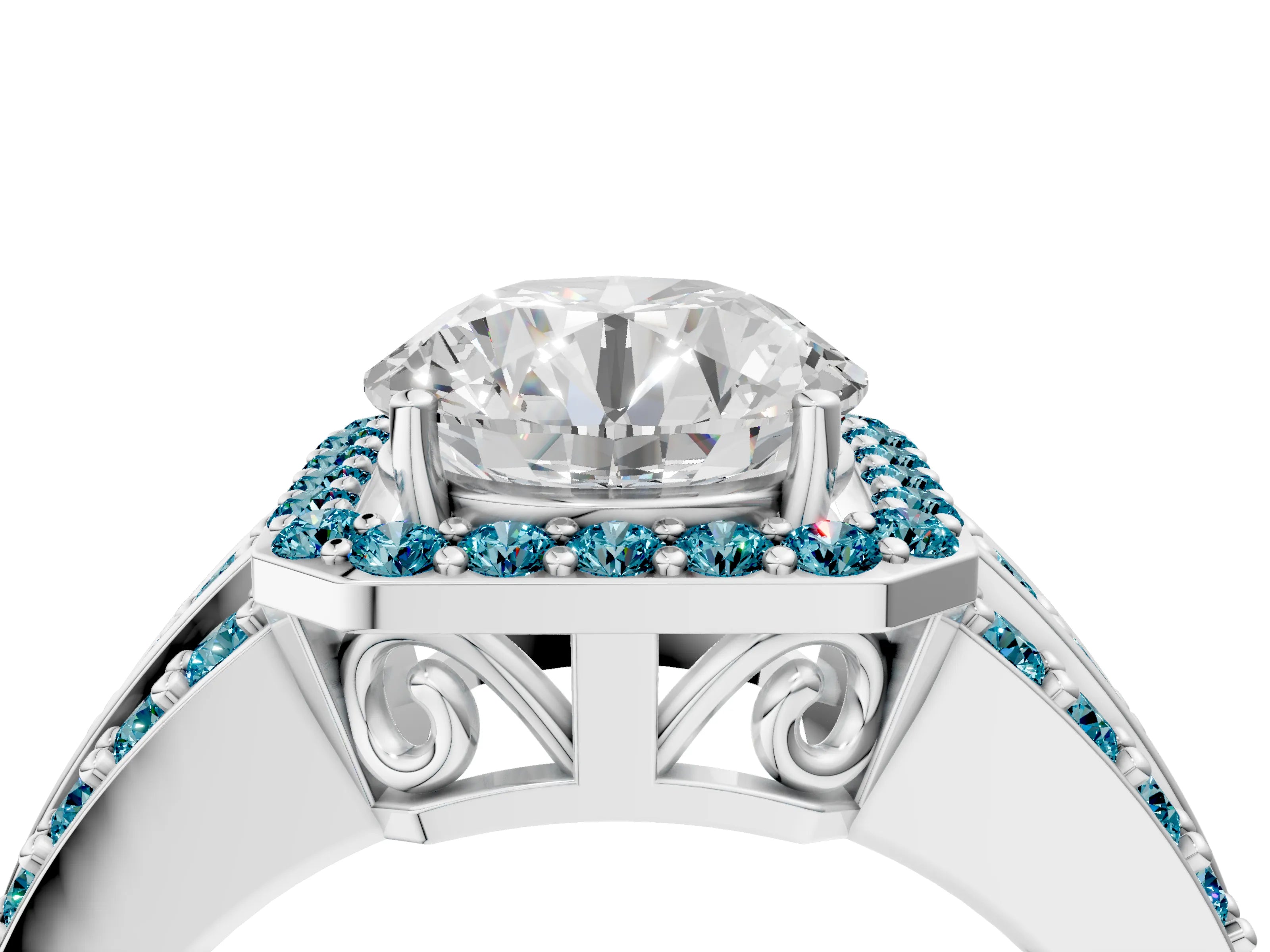 White gold Round Cut Halo Diamond Ring with Round with Blue Topaz side stone Split Shank and Prong Setting_28