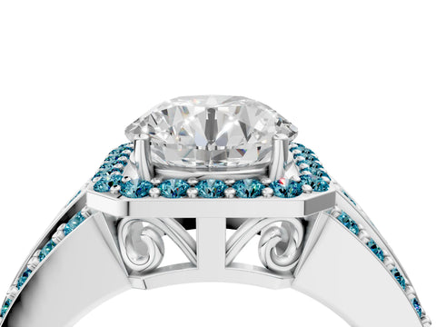 White gold Round Cut Halo Diamond Ring with Round with Blue Topaz side stone Split Shank and Prong Setting_28