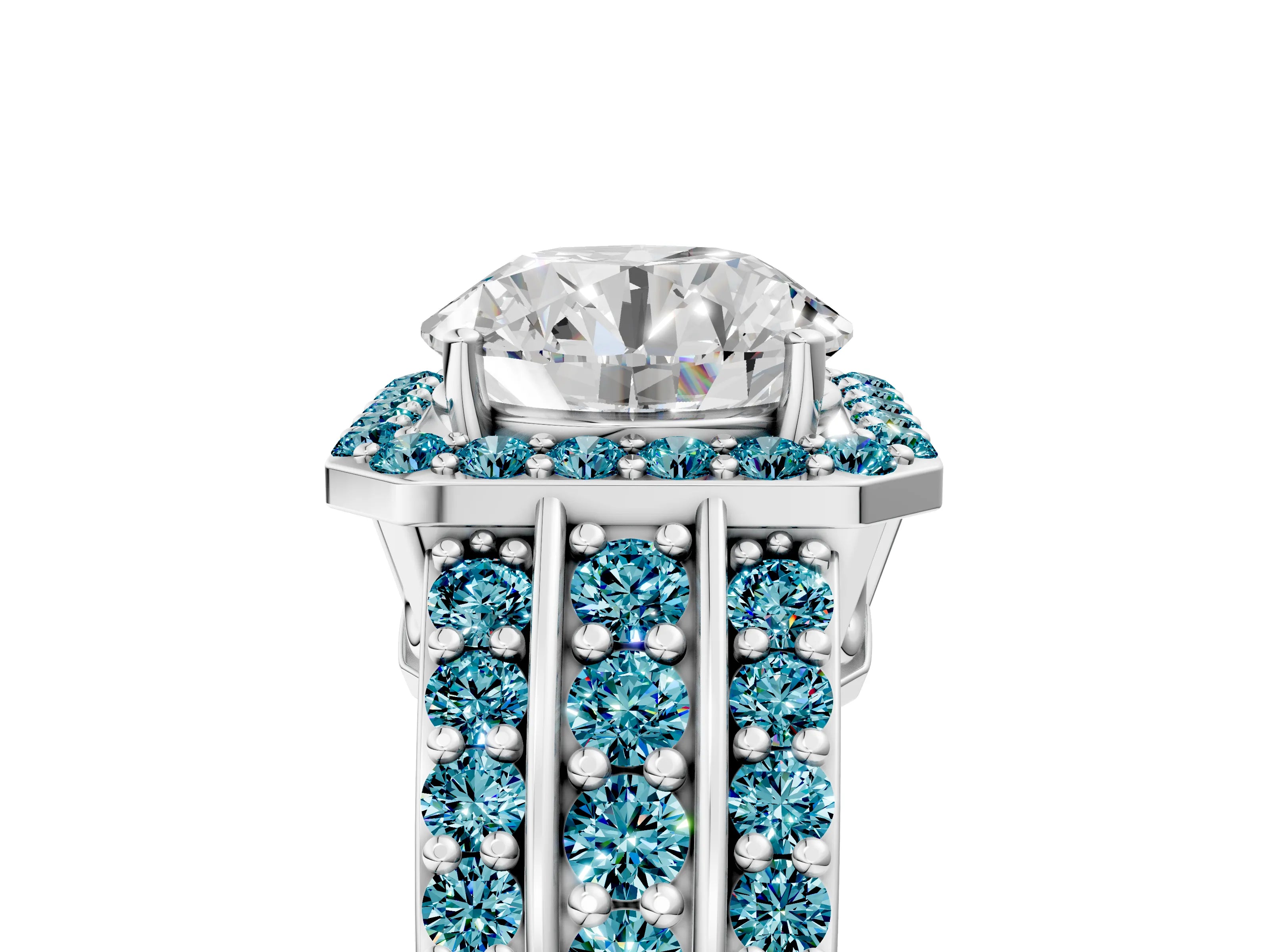 White gold Round Cut Halo Diamond Ring with Round with Blue Topaz side stone Split Shank and Prong Setting_29