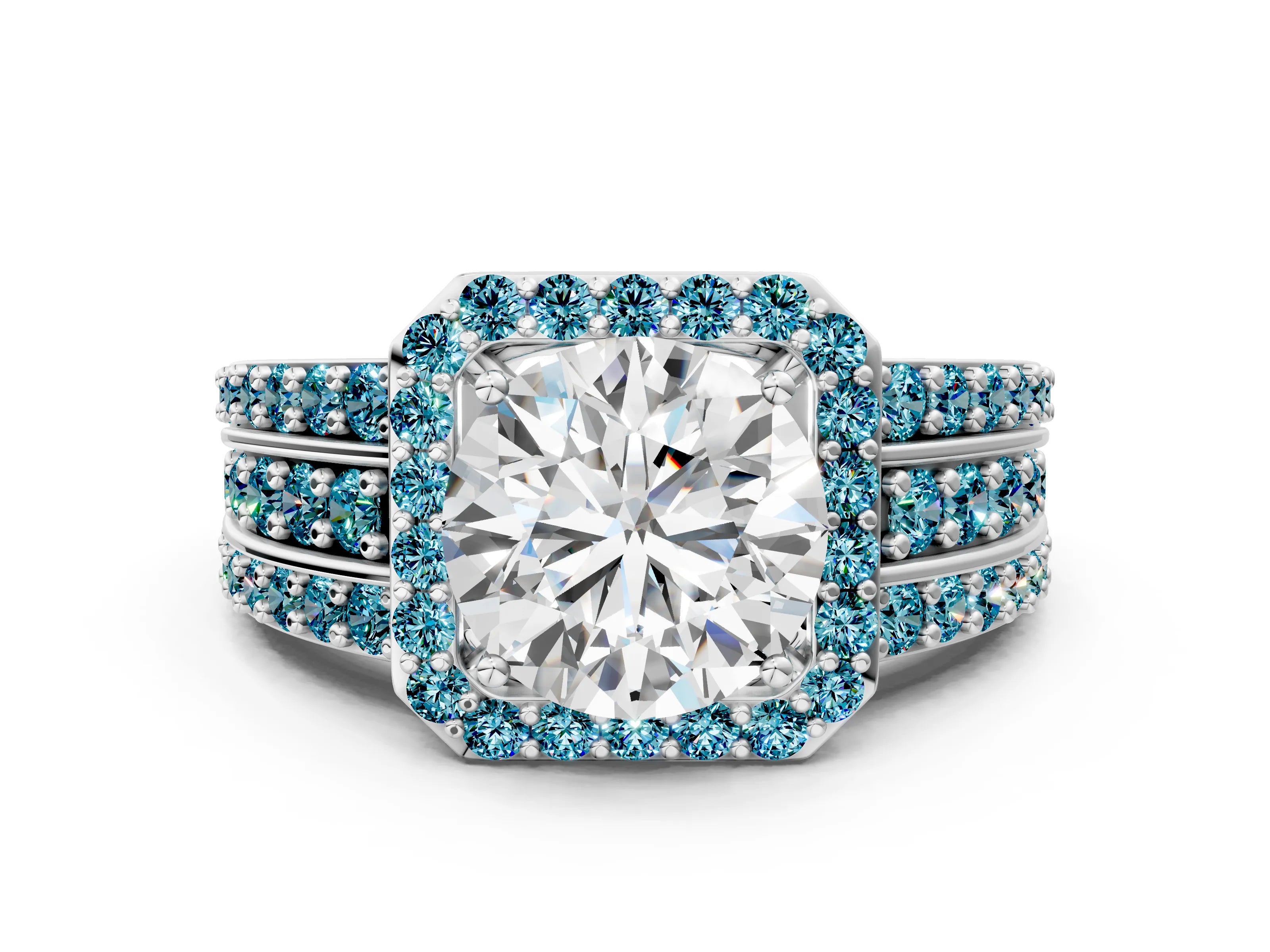 White gold Round Cut Halo Diamond Ring with Round with Blue Topaz side stone Split Shank and Prong Setting_360