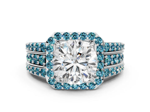 White gold Round Cut Halo Diamond Ring with Round with Blue Topaz side stone Split Shank and Prong Setting_360