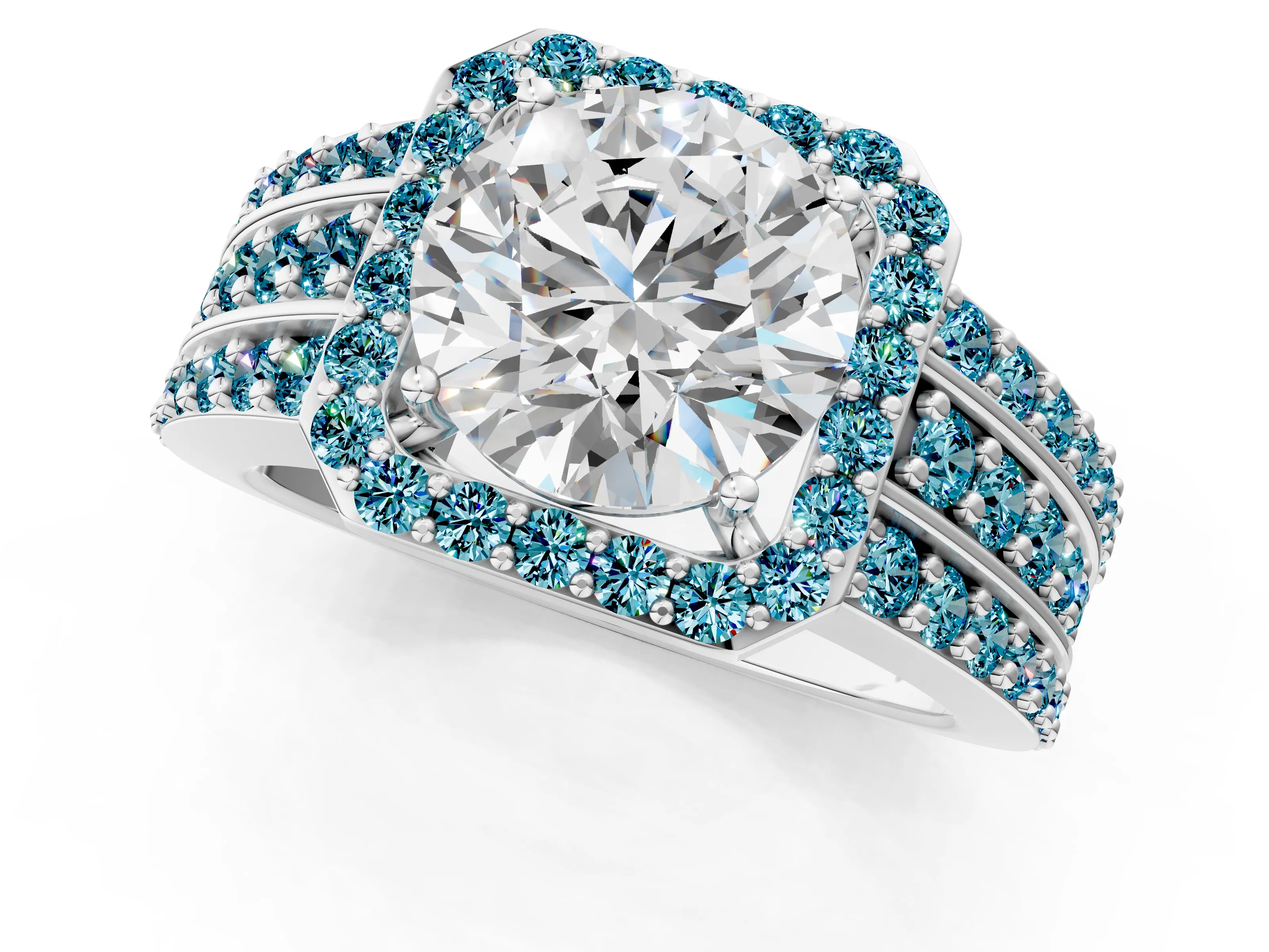 White gold Round Cut Halo Diamond Ring with Round with Blue Topaz side stone Split Shank and Prong Setting_361
