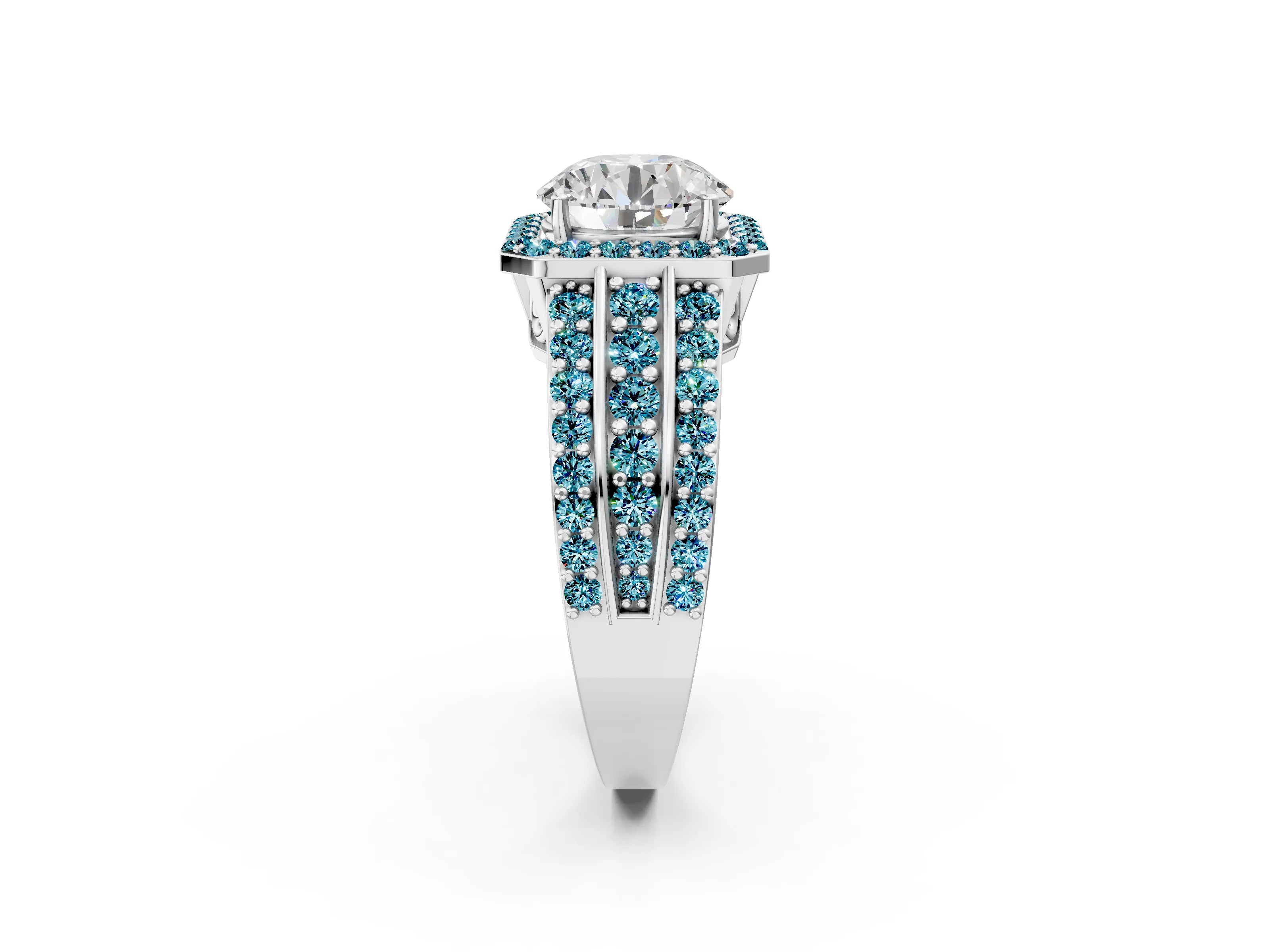 White gold Round Cut Halo Diamond Ring with Round with Blue Topaz side stone Split Shank and Prong Setting_362