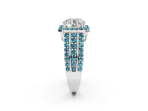White gold Round Cut Halo Diamond Ring with Round with Blue Topaz side stone Split Shank and Prong Setting_362