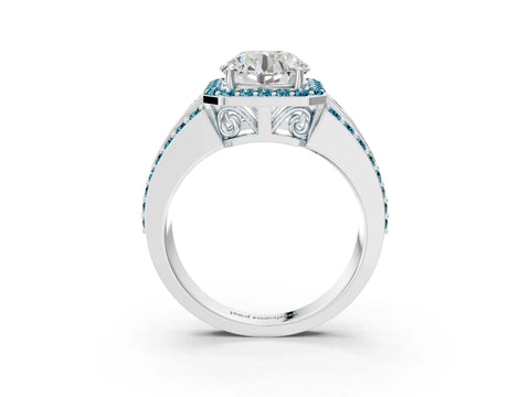 White gold Round Cut Halo Diamond Ring with Round with Blue Topaz side stone Split Shank and Prong Setting_363