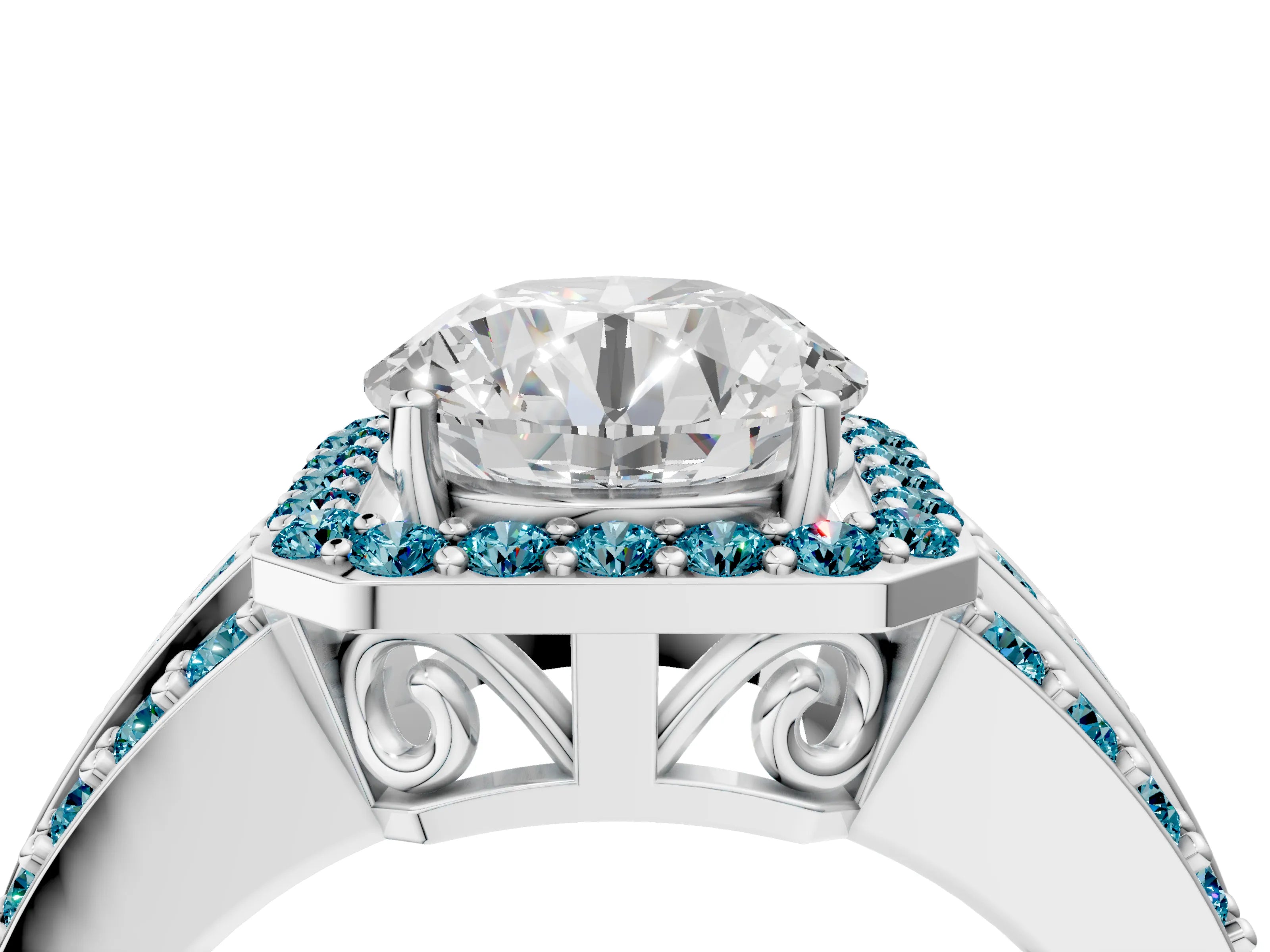 White gold Round Cut Halo Diamond Ring with Round with Blue Topaz side stone Split Shank and Prong Setting_364