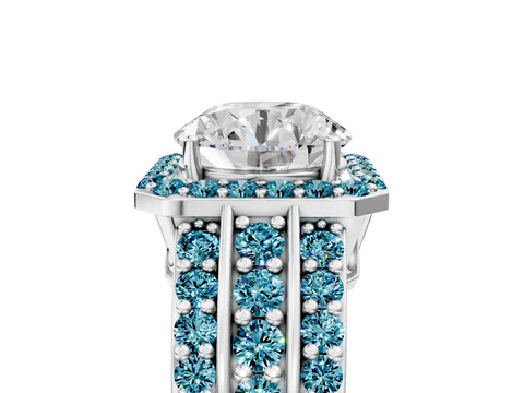 White gold Round Cut Halo Diamond Ring with Round with Blue Topaz side stone Split Shank and Prong Setting_365