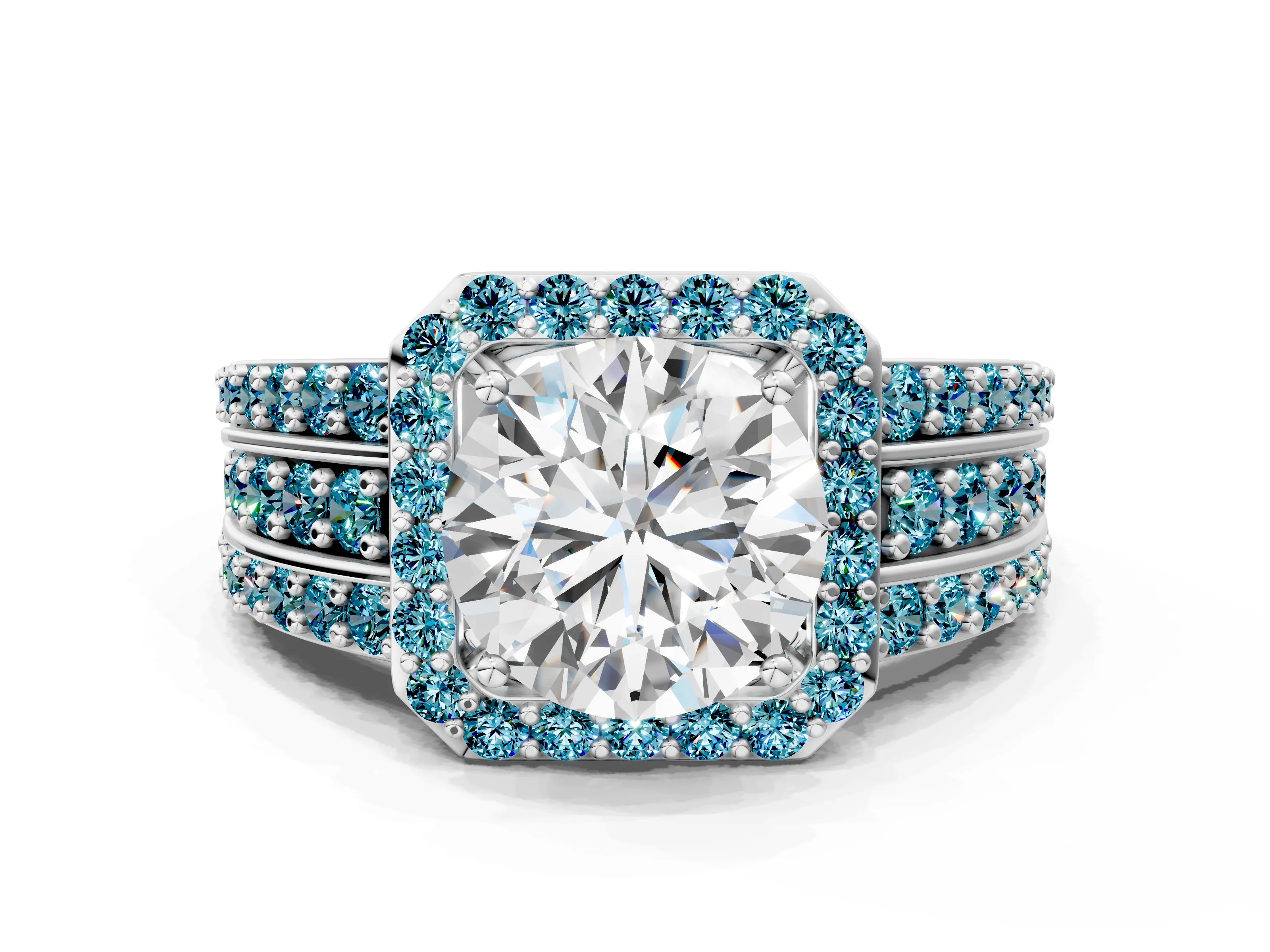White gold Round Cut Halo Diamond Ring with Round with Blue Topaz side stone Split Shank and Prong Setting_72