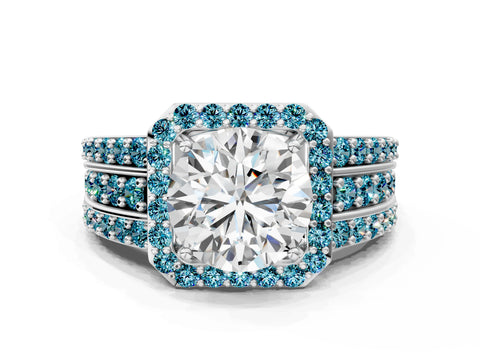 White gold Round Cut Halo Diamond Ring with Round with Blue Topaz side stone Split Shank and Prong Setting_72