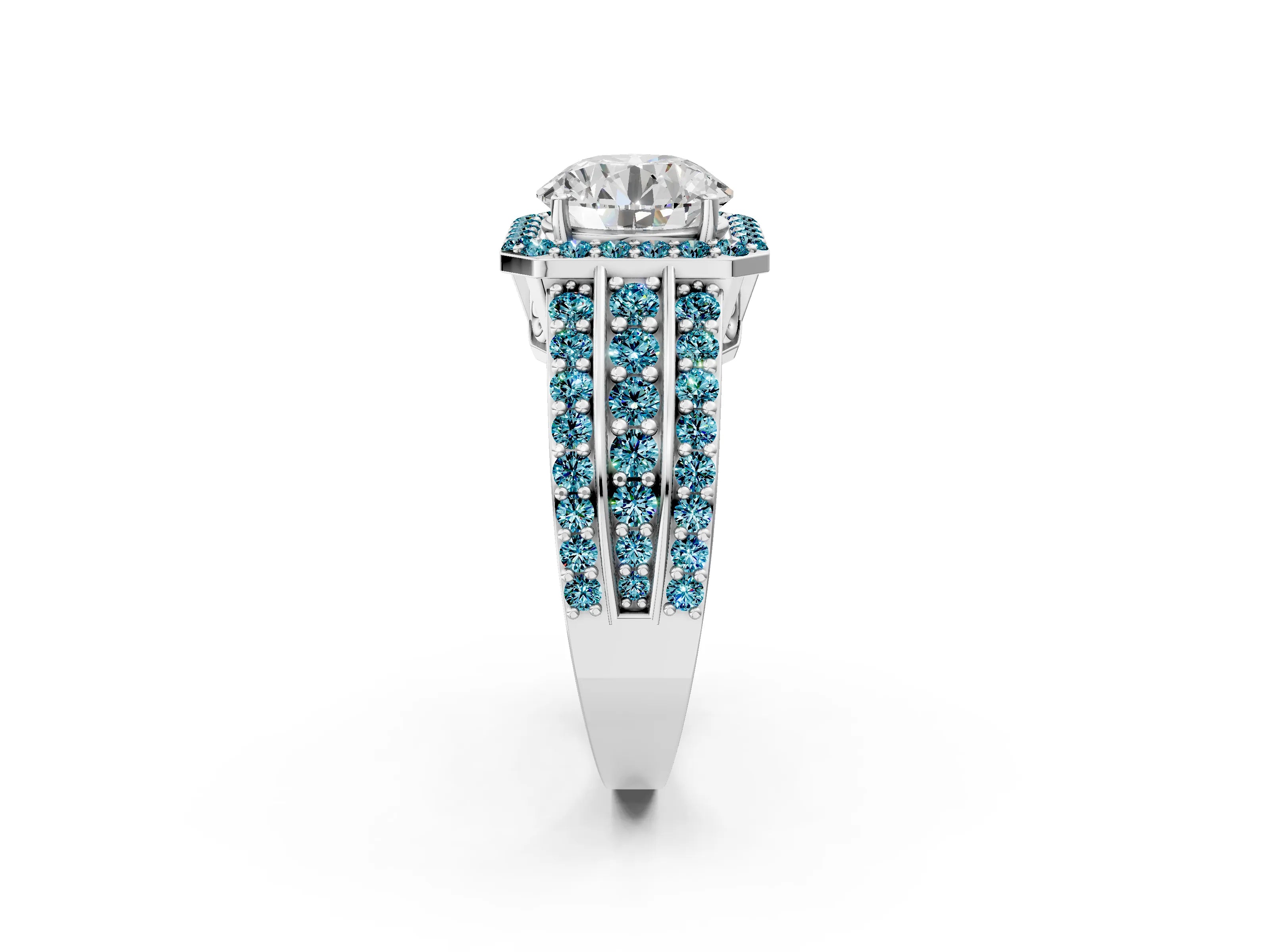White gold Round Cut Halo Diamond Ring with Round with Blue Topaz side stone Split Shank and Prong Setting_74
