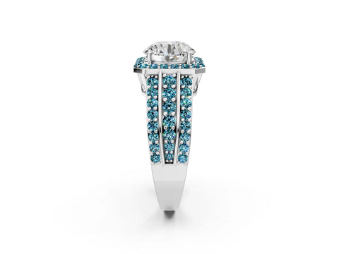 White gold Round Cut Halo Diamond Ring with Round with Blue Topaz side stone Split Shank and Prong Setting_74