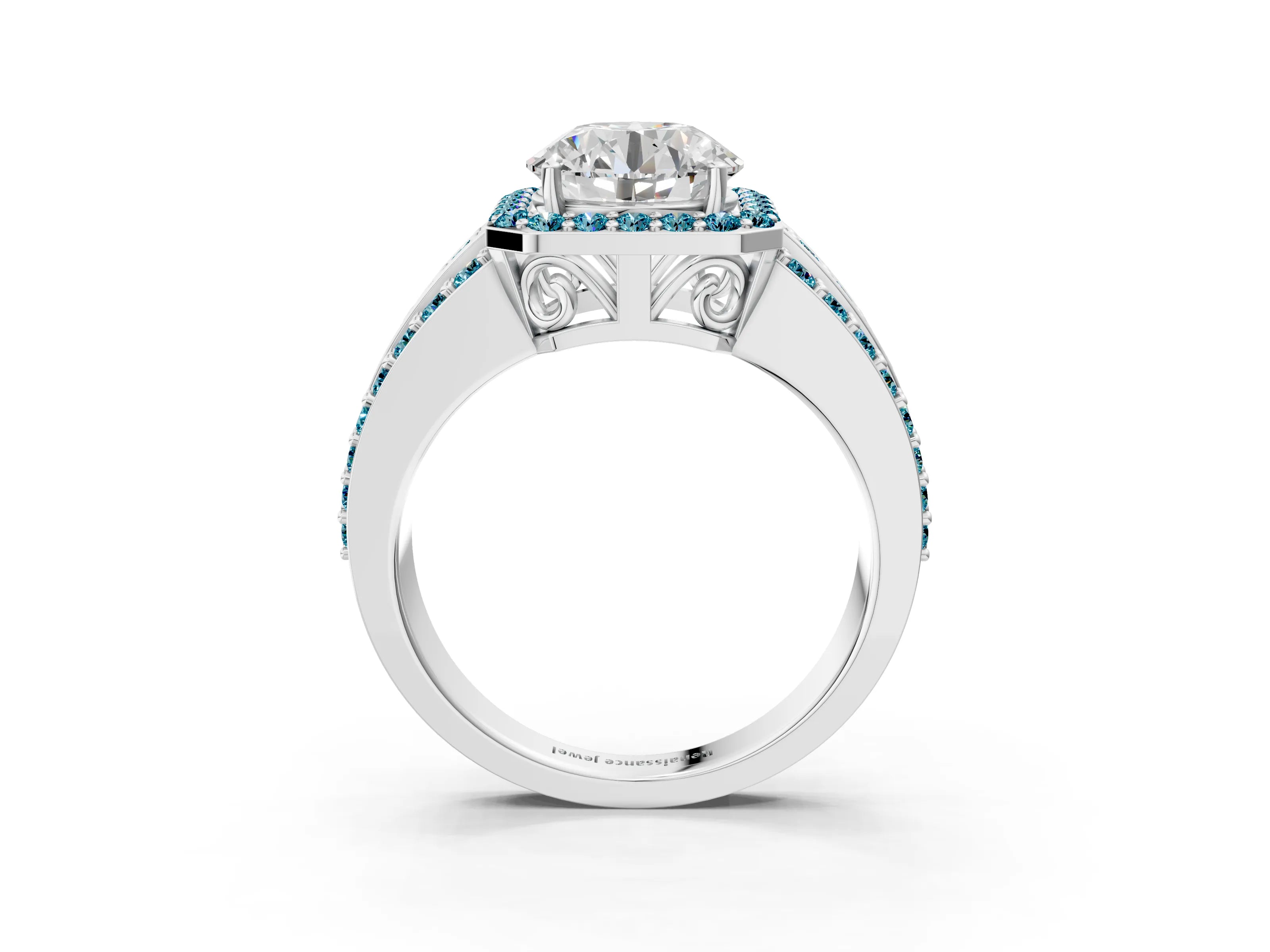 White gold Round Cut Halo Diamond Ring with Round with Blue Topaz side stone Split Shank and Prong Setting_75