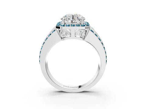 White gold Round Cut Halo Diamond Ring with Round with Blue Topaz side stone Split Shank and Prong Setting_75