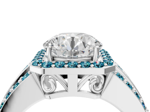 White gold Round Cut Halo Diamond Ring with Round with Blue Topaz side stone Split Shank and Prong Setting_76