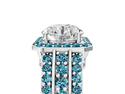 White gold Round Cut Halo Diamond Ring with Round with Blue Topaz side stone Split Shank and Prong Setting_77