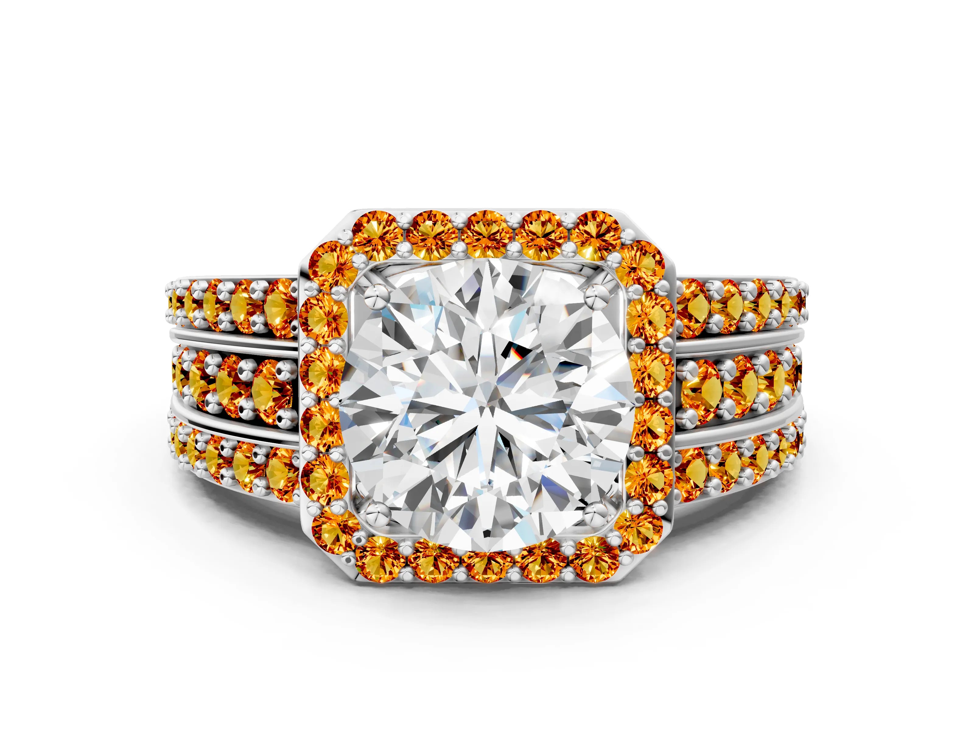 White gold Round Cut Halo Diamond Ring with Round with Citrine side stone Split Shank and Prong Setting_120