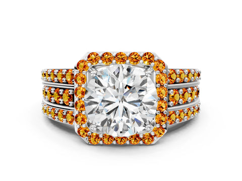 White gold Round Cut Halo Diamond Ring with Round with Citrine side stone Split Shank and Prong Setting_120
