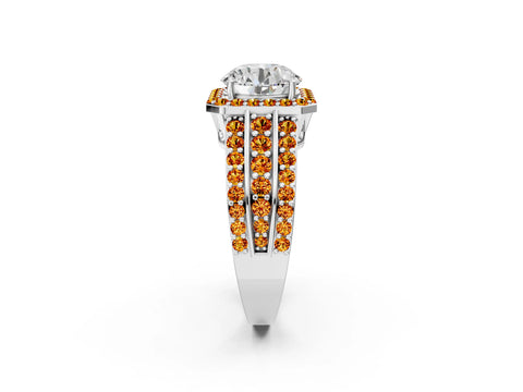 White gold Round Cut Halo Diamond Ring with Round with Citrine side stone Split Shank and Prong Setting_122