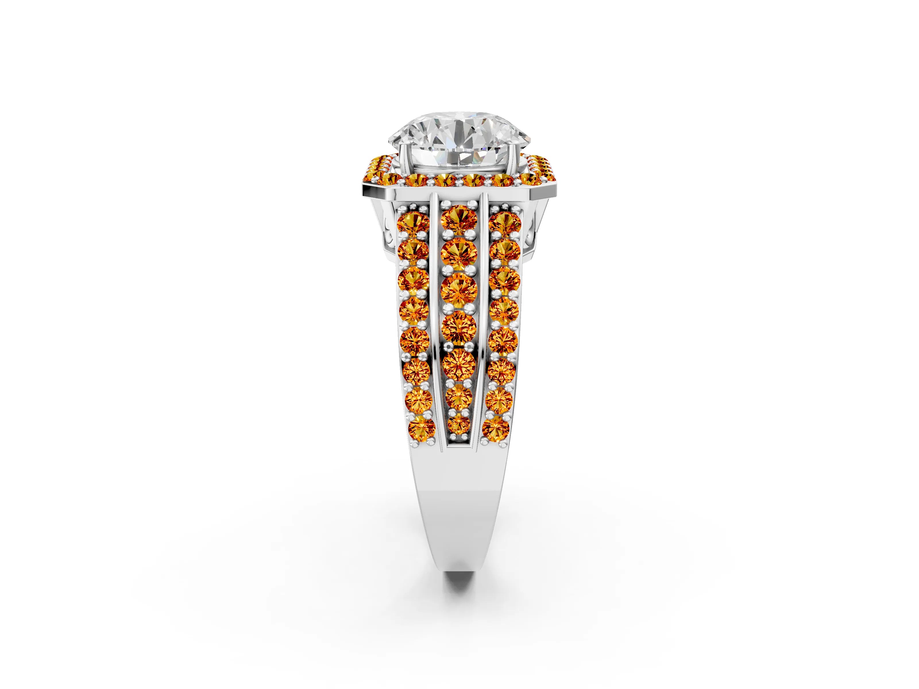 White gold Round Cut Halo Diamond Ring with Round with Citrine side stone Split Shank and Prong Setting_122
