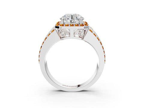 White gold Round Cut Halo Diamond Ring with Round with Citrine side stone Split Shank and Prong Setting_123