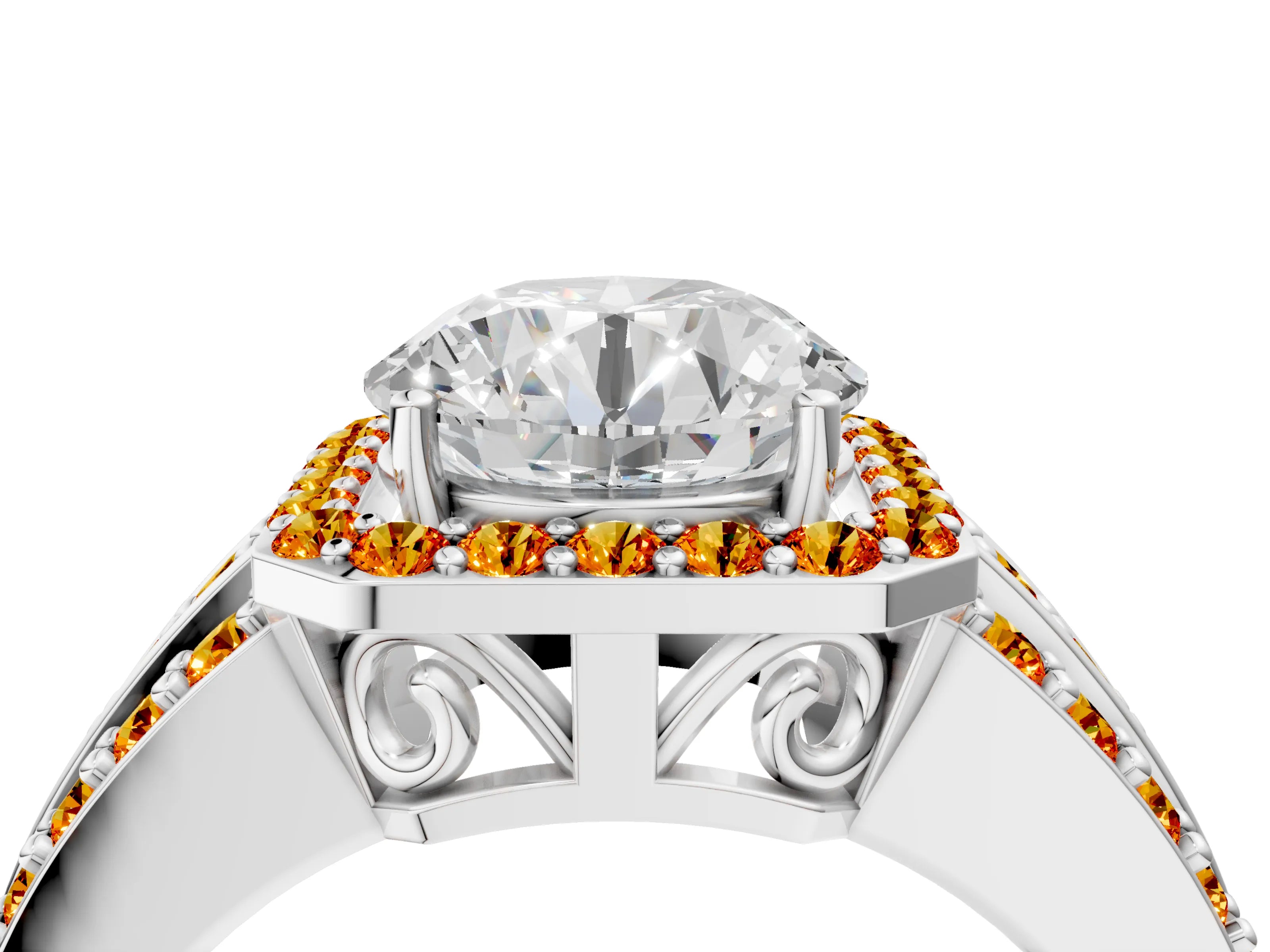 White gold Round Cut Halo Diamond Ring with Round with Citrine side stone Split Shank and Prong Setting_124