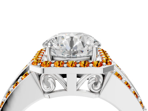 White gold Round Cut Halo Diamond Ring with Round with Citrine side stone Split Shank and Prong Setting_124