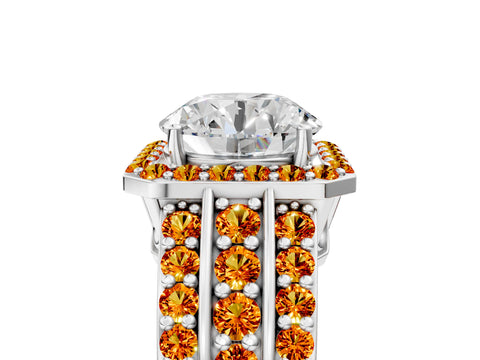 White gold Round Cut Halo Diamond Ring with Round with Citrine side stone Split Shank and Prong Setting_125