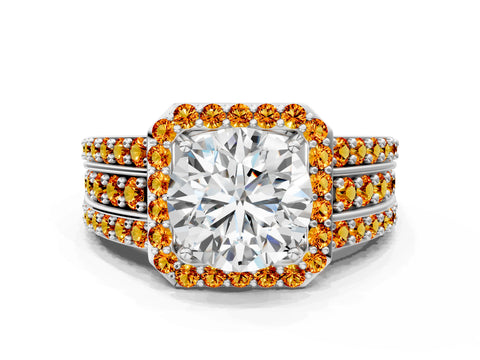 White gold Round Cut Halo Diamond Ring with Round with Citrine side stone Split Shank and Prong Setting_12